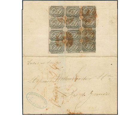 Latin AmericaBrazil1846, 10 r. black, greyish paper, intermediate impression, a fresh block of twelve (3x4), sheet margin at 