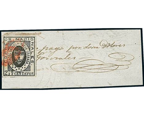 Latin AmericaColombia1861, 2½c. black, ample even margins all around, very fresh used on fragment, tied by red "0" numeral ha