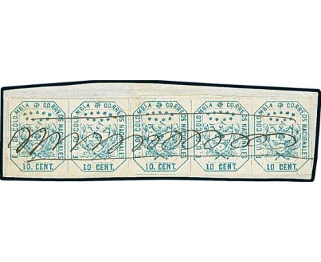 Latin AmericaColombia1862, 10c. blue, type III, strip of five, positions 31 to 35 in the stone of type B, deep greyish shade,