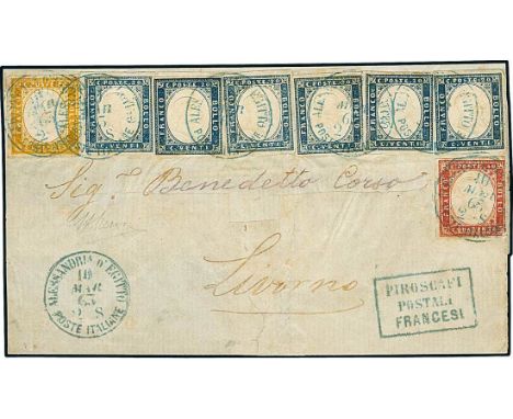 EgyptItalian Post Office1863, March 10. Cover from Alexandria to Leghorn (Italy), bearing Sardinia imperforate 1855 20c., six