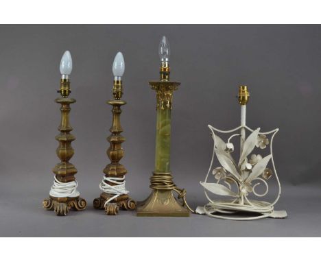 A collection of four lamps, comprising two 20th century gilt gesso examples, both 38.5cm high, an art nouveau hardstone and g