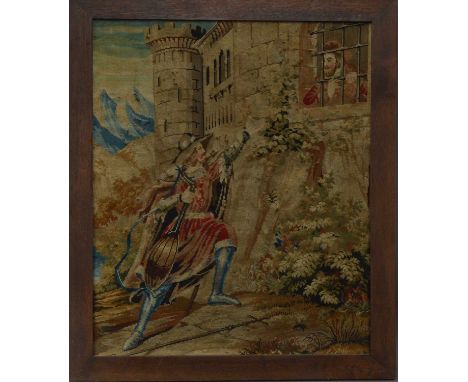A framed tapestry, depicting Blondini and King Richard, in an oak frame, 71cm x 60cm