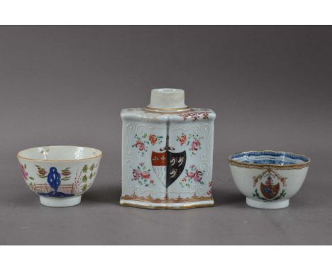 A 19th century porcelain tea caddy, possibly Chinese export, with floral painted decoration, raised scrolling decoration, wit