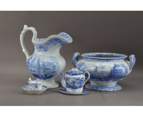 A collection of 19th century and later blue and white transfer ware ceramics, comprising a large scenery jug, marked to the u