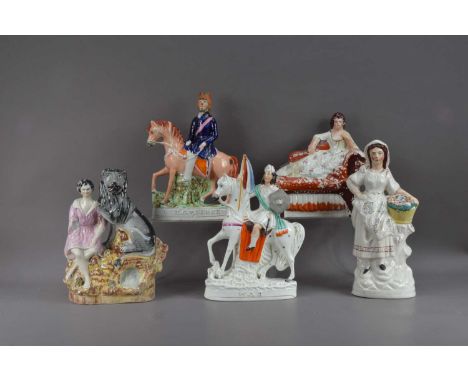 A collection of five 19th century Staffordshire figurines, all with varying degrees of damage, comprising a mounted horse rid