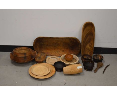 A collection of treen and other items, including bowls, trays, a trough, 59cm wide, coconut cups, etc, AF (qty)