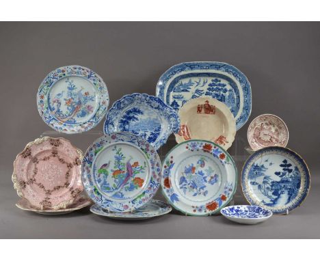 A collection of 19th century and later English transferware ceramics, comprising three Ironstone Peacock plates, some with mi
