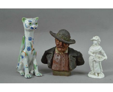 A Galle style majolica ceramic cat, broken and repaired neck AF, 20.5cm high, together with a ceramic bust of a man, 16cm hig