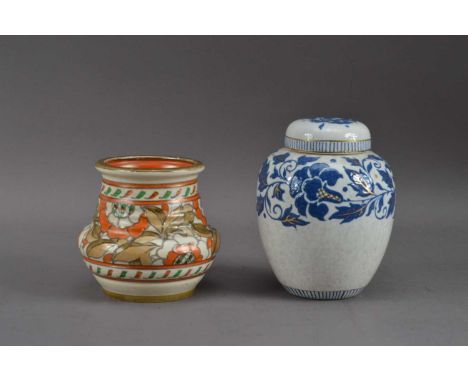 Charlotte Rhead for Bursley Ware, a ginger jar and cover, blue foliate decoration on a white mottled ground, marked to the un