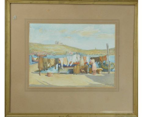 R Campbell (20th century School), washing by the coast, watercolour, framed, glazed and mounted, signed and dated 1954 bottom