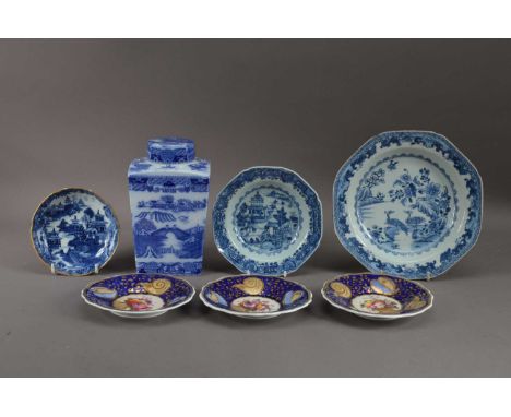 A collection of 19th century and later blue and white ceramics, comprising a tea caddy with a willow transferware pattern, Ri