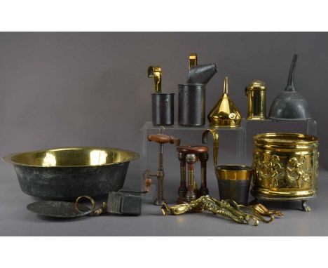 A collection of assorted kitchenalia, comprising a large brass bowl, 38.5cm wide, a copper pot with dancing cherub decoration