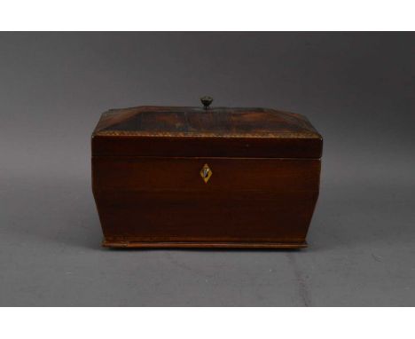 A 19th century Mahogany featherbanded tea caddy, the lift open top with a brass finial, some wear to the veneer, and boxwood 
