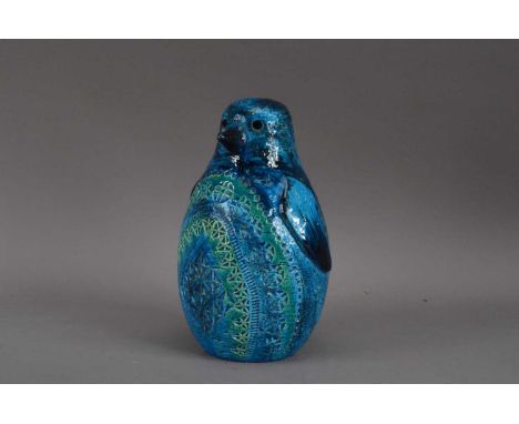 A Bitossi ceramic money box in the form of a penguin, with a blue and green glaze, 20.5cm highSome firing marks, notably to t