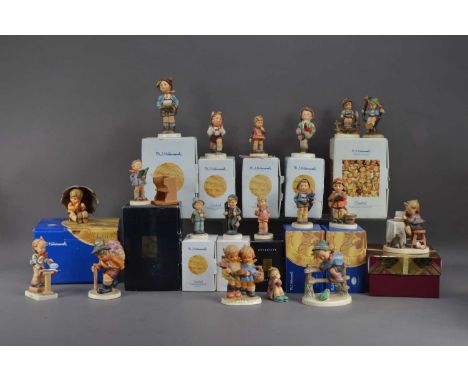 A large collection of Goebel Hummel figurines, the majority with retail boxes and some COA, of differing poses and sizes, the