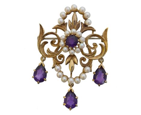 A 9ct gold amethyst and cultured pearl brooch. The circular shape amethyst and cultured pearl brooch suspending three pear sh