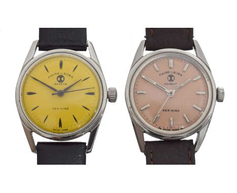 Two Favre Leuba 'Sea King' manual wind wristwatches, refs. 61093. With signed salmon and yellow dials, baton markers and oute