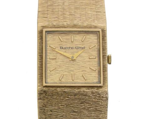 A 1970s 9ct gold Bueche Girod manual wind wristwatch. The signed textured gold tone dial with baton markers, signed 17 jewel 