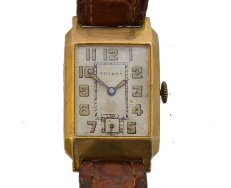 A 1940s 9ct gold Rotary 'Tank' manual wind wristwatch. The signed dial with arabic markers, chapter ring and subsidiary dial 