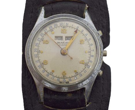 A 1950s Ralco (Movado) triple calendar wristwatch. The signed dial with arabic markers, day and month aperture to 12, outer d
