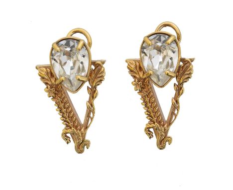 A pair of Versace 'Virtus' earrings. Each designed as a pear shape paste and maker's V partial surround, signed, length 3.4cm