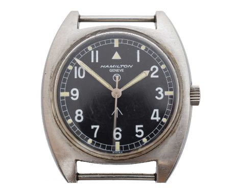 A 1970s Hamilton military manual wind wristwatch, ref. 6bb/5238290. Circa 1974, RAF issue, the signed black dial with arabic 