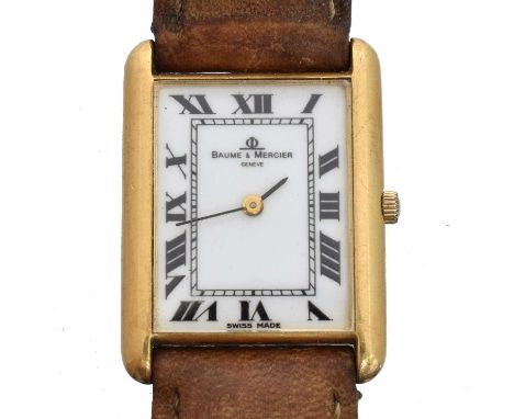 An 18ct gold Baume & Mercier quartz wristwatch, ref. 17077. The signed rectangular dial with roman numeral markers and inner 