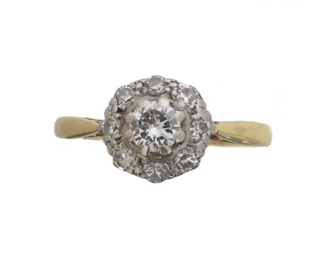 A diamond cluster ring. The brilliant cut diamond within a single cut diamond surround, estimated total diamond weight 0.45ct