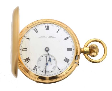 An 18ct gold full hunter pocket watch by Reid & Sons. The signed dial with roman numeral markers, outer minutes track and sub