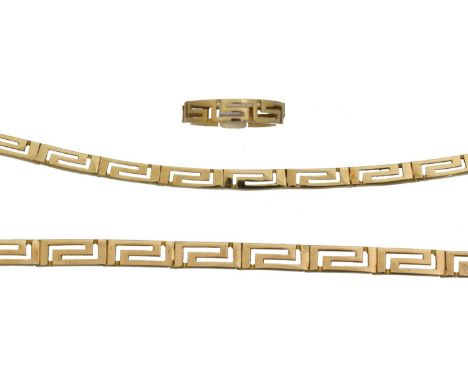 A suite of jewellery. Greek key pattern, comprising a necklace, bracelet and ring, stamped 585, length of necklace 43cm, leng