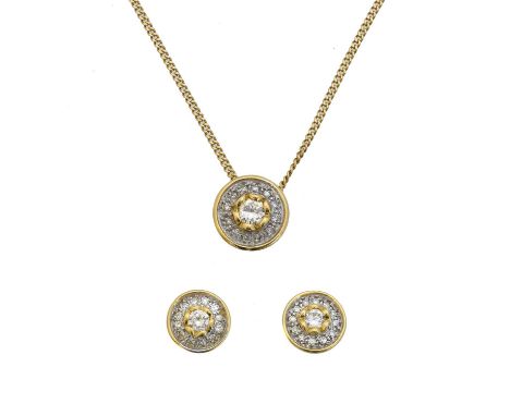 A suite of 18ct gold diamond target jewellery. Comprising a pendant on chain and pair of earrings, each designed as a brillia