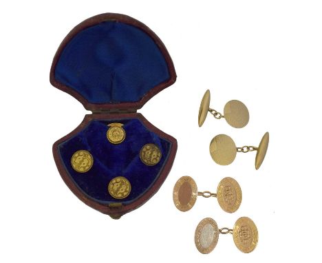 A selection of cufflinks. To include two pairs of 9ct gold cufflinks, and a cased set of unmarked yellow metal dress studs, g