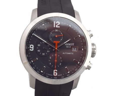 A stainless steel Tissot 'PRC 200' automatic chronograph wristwatch, ref. T055427A. The signed black dial with baton and arab