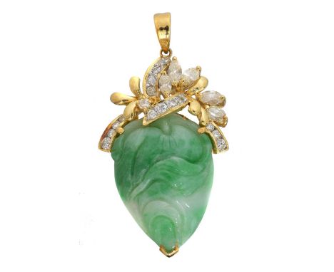 A jade and diamond pendant. The jade carving depicting a gourd with a brilliant and marquise cut diamond surmount, stamped 75