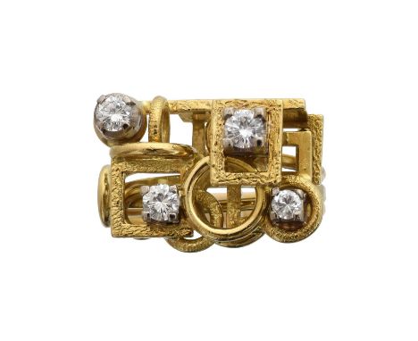 A 1970s diamond dress ring by Abe Pass. Of openwork design, the four brilliant cut diamonds claw set atop a textured and poli