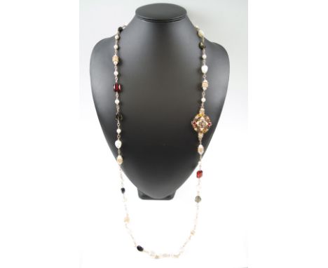 CHANEL PEARL AND BEAD ROPE NECKLACE faux white pearls alternating with faceted coloured beads adorned with a CC  encrusted mo