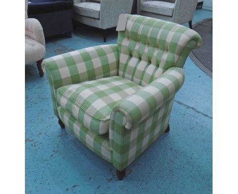 GEORGE SMITH ARMCHAIR, button back library chair in green and cream chequered fabric on turned supports, with label under, 79
