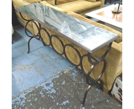 CONSOLE TABLE, the eglomise mirrored top on a wrought iron base, 42cm x 151cm x 87cm H. 