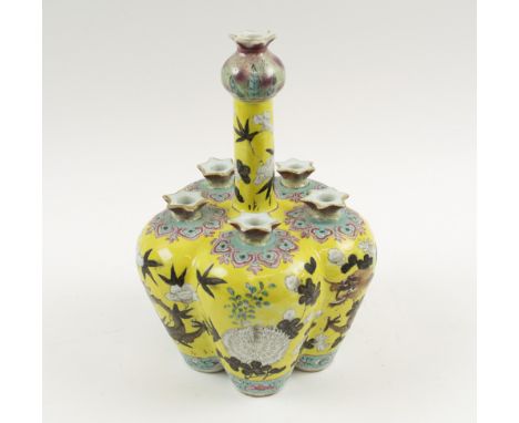 CHINESE CERAMIC CROCUS VASE, late 20th century in famille jaune palette with five bulb apertures around a long stem neck, 19c