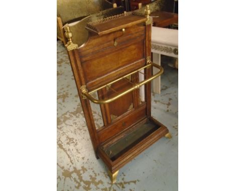 HALL STAND, Victorian oak and brass mounted with gallery, stick rack and tray, bears registration/kite plate, 57cm x 97cm H.