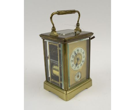 REPEATER CARRIAGE CLOCK, late 19th/early 20th century, brass case, the face with ceramic chapter ring and subsidary dial,  re