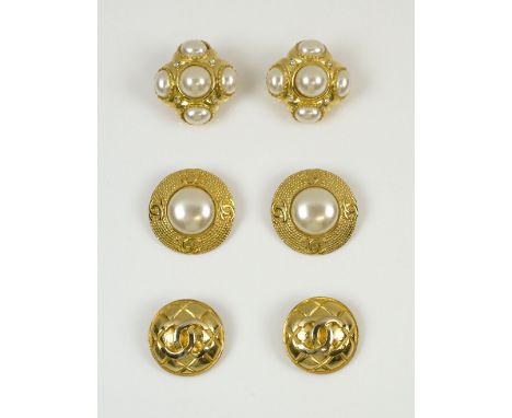 CHANEL VINTAGE CLIP EARRINGS, three pairs CC and faux mabe pearl, two signed Chanel, made in France, one unmarked.