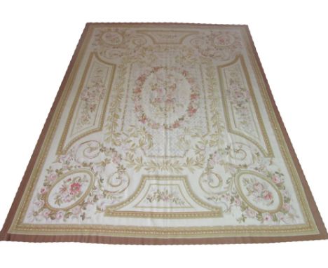 AUBUSSON STYLE NEEDLEPOINT CARPET, 360cm x 263cm, traditional rose and leaf design. 