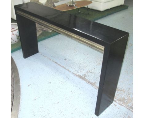 CONSOLE TABLE, rectangular shallow black lacquer with gilt rope twist inset frieze, 150cm x 28cm x 84cm H. 