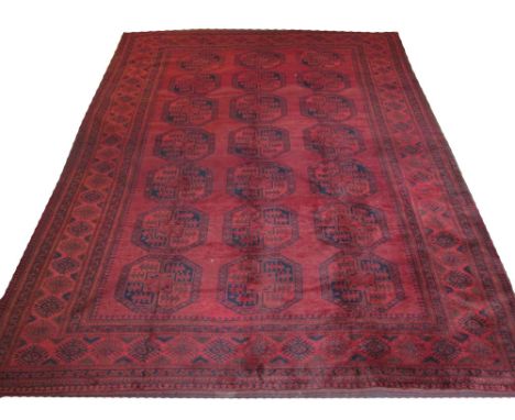 VERY FINE ANTIQUE AFGHAN CARPET, 376cm x 276cm, linear tribal gul decoration inside multiple geometric bands and borders. 