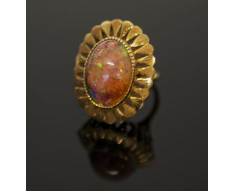 OPAL AND 18K GOLD COCKTAIL RING, pink and orange opal set on an 18K gold band, ring size M, opal 2.3cm x 1.9cm, marked 18K