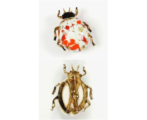VINTAGE RENE CERAMIC BEETLE BROOCH on gold tone base, signed Rene, L. 4cm
