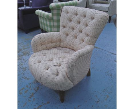 GEORGE SMITH ARMCHAIR, button back bedroom chair in cream with raised brown flecks on turned supports, with label under, 65cm