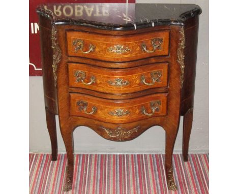 COMMODE, late 19th/early 20th century Louis XV design walnut foliate marquetry and gilt metal mounted with three drawers and 