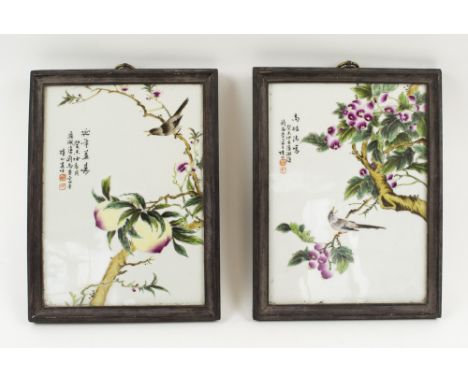 CHINESE CERAMIC TILES,a pair painted flowering branches and birds by Liu Yucen, framed, each 31cm H x 23cm W. 